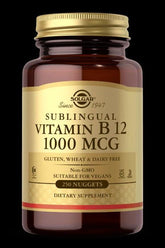 Solgar Sublingual Vitamin B12 1000 MCG, gluten-free, vegan-friendly dietary supplement in a brown bottle.